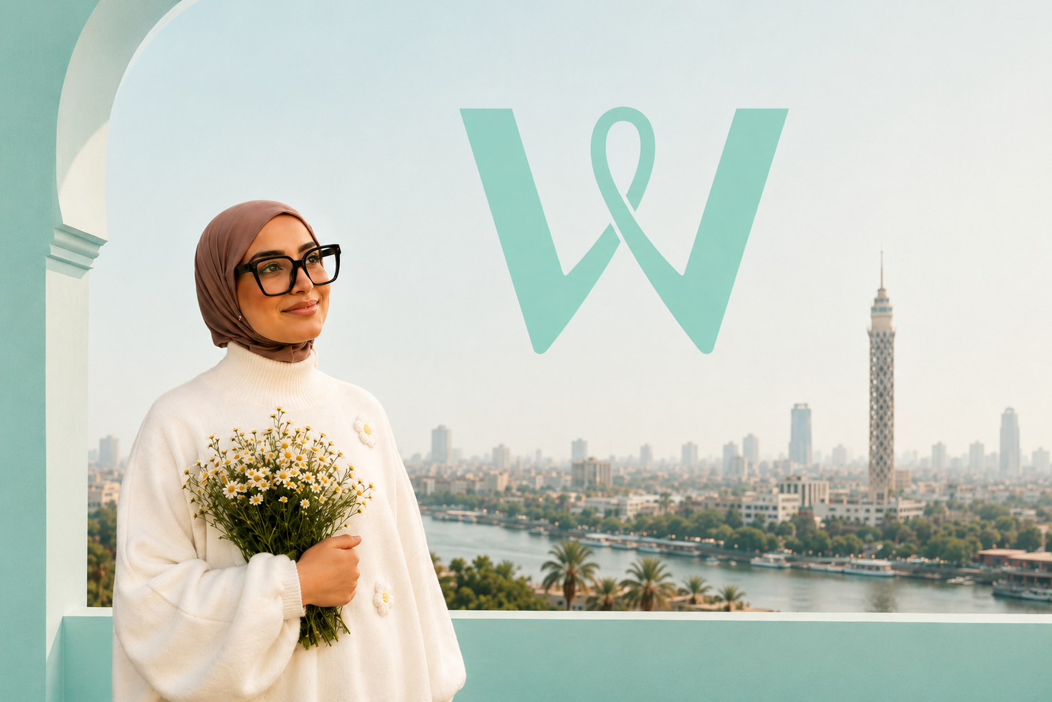 A woman holding flowers overlooking Cairo at sunset